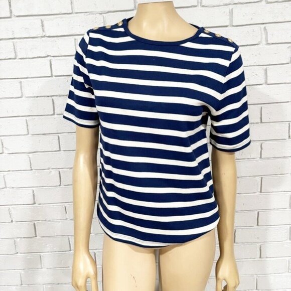 J.Crew Perfect-fit elbow-sleeve T-shirt in stripe with gold buttons - Size Large - Picture 6 of 11